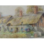 A pair of watercolours, Ernest T Potter, thatched cottages, Ann Hathaways cottage and Welford on