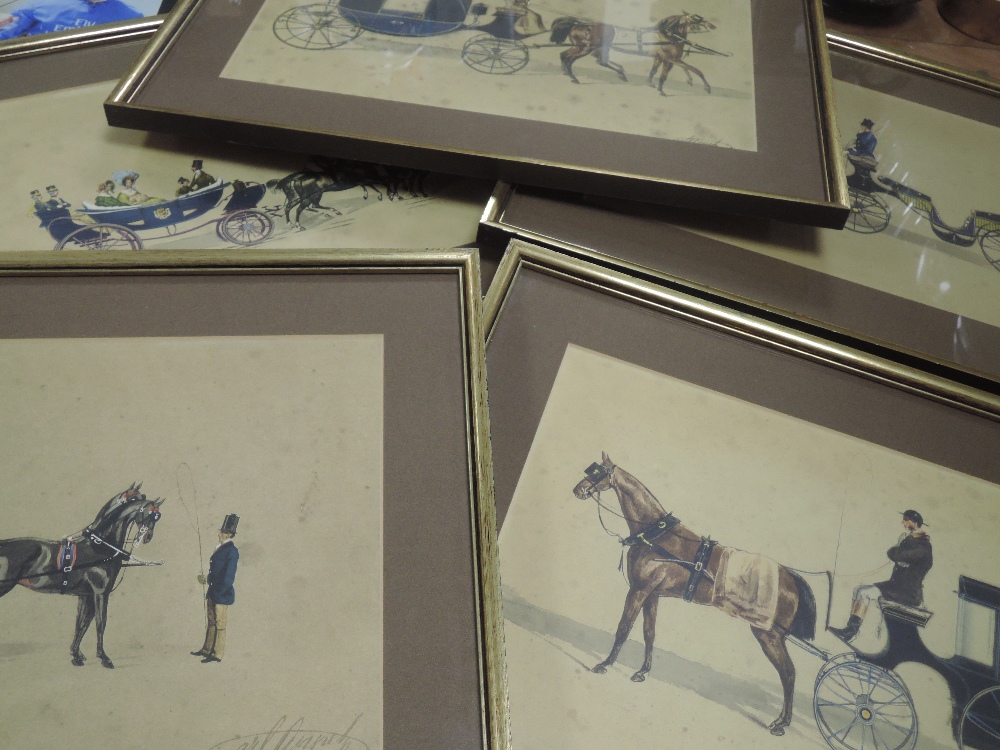 A set of twelve prints, after Carl, horse and carraiges, each 25 x 39cm, plus frame and glazed