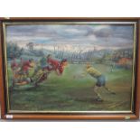 An oil painting, J D Pearce, Vale of Lune RUFC in Full Cry, signed and attributed verso, 50 x