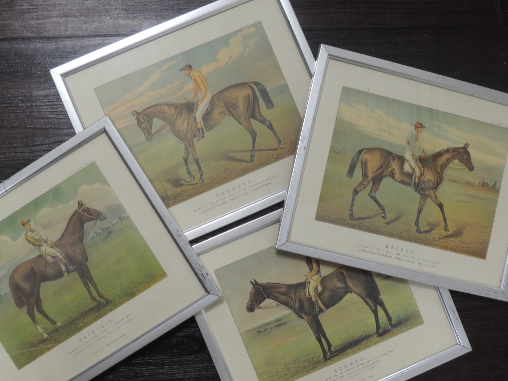 A set of four re-prints, horse racing interest, 20 x 25cm, plus frame and glazed