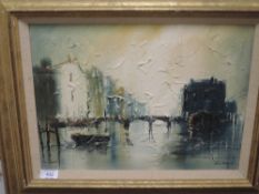 An oil painting, John Bampfield, river bridge, signed, 29 x 39cm, plus frame and glazed