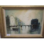 An oil painting, John Bampfield, river bridge, signed, 29 x 39cm, plus frame and glazed