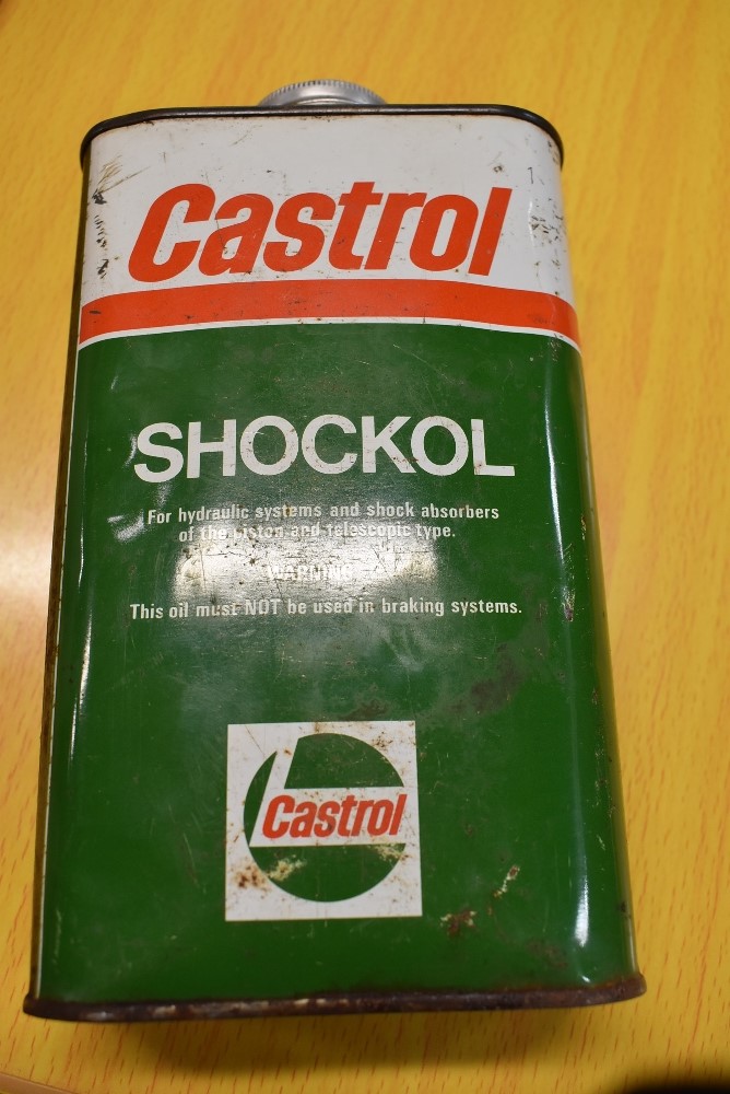 A vintage garage oil can for Castrol Shockol