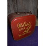 A large five gallon tank with lid for Millers Oils