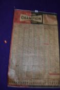 A vintage garage wall chart for Champion Spark Plugs
