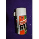 A camping flask in the form of a Castrol GTX can