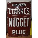 A genuine enamel advertising sign for Clarke's Nugget Plug tobacco