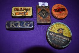 Five vintage advertising tins including Tom o'Shanter Renold and KLG