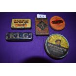 Five vintage advertising tins including Tom o'Shanter Renold and KLG