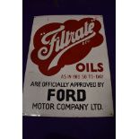 A genuine Vintage advertising sign for Filtrate Oils and Ford