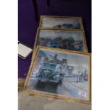 Three framed and glazed bygone commercial vehicle pictures