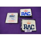 Three motor car engine badges for the RAC including Recovery