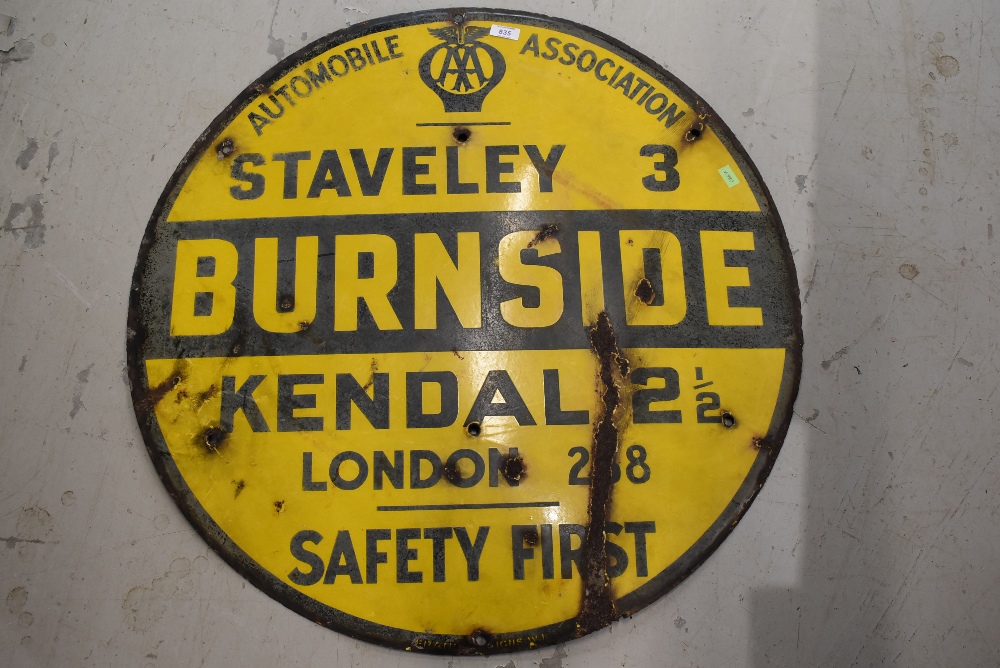 A genuine local interest enamel road sign for Staveley Burnside and Kendal by the AA