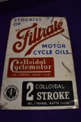 A genuine Vintage advertising sign for Filtrate Oils and Motor Cycle Oils