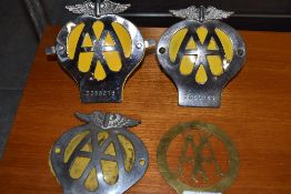 Four motor car engine badges by AA including a brass example