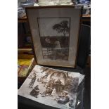 A framed photographic print of two children and another unframed one of Romany life/caravan