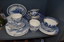 An assortment of blue and white ware including Wedgwood and Johnson Bros.