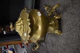 A late Victorian samovar having brass casing with twin naturalistic handles and spout 42cm tall