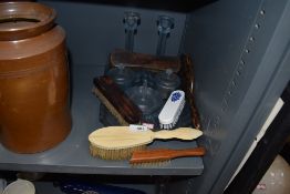 A selection of dressing table items including frosted blue glass set