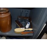 A selection of dressing table items including frosted blue glass set