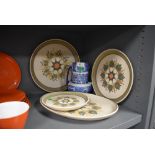A selection of retro Langley plates,and a blue and white twin handles vase, stamped underside with