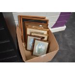 A selection of picture frames and prints also two woodwork veneer pictures