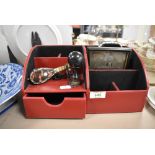 A modern desk top tidy with two Victorian photographs a tortoise shell miniature guitar and a set of