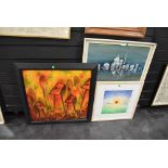 two original art works one abstract and a similar styled print