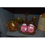 A selection of mixed vintage coloured glass, including dressing table set.