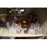 A good quantity of mixed glass including decanter,wine glasses,cut glass and more.