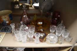 A good quantity of mixed glass including decanter,wine glasses,cut glass and more.