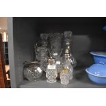A selection of clear cut glass and similar including atomizer and decanters
