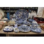 A good selection of various blue and white ware ceramics and porcelain including carpet bowls and
