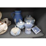 A selection of light blue ground Jasperware pottery by Wedgwood including tea pot with stand sugar
