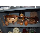 A selection of wood treen wares including dishes and bowls also mahogany instrument possibly