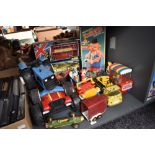 A box of mixed toys including Solido London Buses, boxed, Tonka Tractor, Fu Shin Toys Mr Bob, boxed,