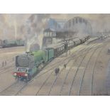 A watercolour, Ebenezer John Woods Prior, train interest, Yorkshire Pullman leaving Kings Cross