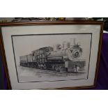 A framed pencil sketch, G S Cooper, Union Pacific 61 Locomotive & Tender, signed and dated 73,