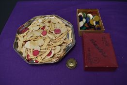 A collection of Whist and Playing Card Counters etc including Brass Registered Whist Marker, bone