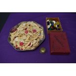 A collection of Whist and Playing Card Counters etc including Brass Registered Whist Marker, bone