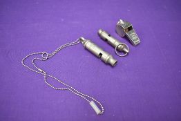 Three vintage Railway and similar Whistles, Hudson & Co 1940, Acme Boy Scout and Thunderer