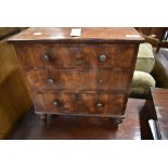 A 19th Century mahogany specimen chest of three long drawers, having shaped ledge back with some