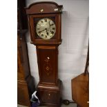 A small size long case clock having mahogany case and inlayed detailing