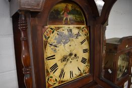 An impressive sized grandfather long case clock by Owen Leeds painted face dial and mahogany case