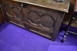 A period oak kist, converted to sideboard with Jacobean style panel doors and drawer to front, width