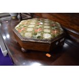 A Victorian octagonal footstool, some signs of past worm to some of the beading