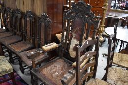 A set of six plus one carver early Victorian stately hall or similar castle style carved back oak