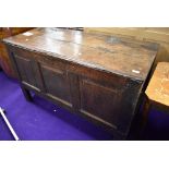 A period oak three panel kist/coffer , dated 1727, WTA monogram, width approx. 132cm