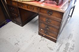 A reproduction Regency pedestal desk, leather inset (skiver) top, large proportions approx. 153 x