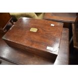 A 19th Century mahogany stationery box having plain brass cartouche, escutcheon and corner